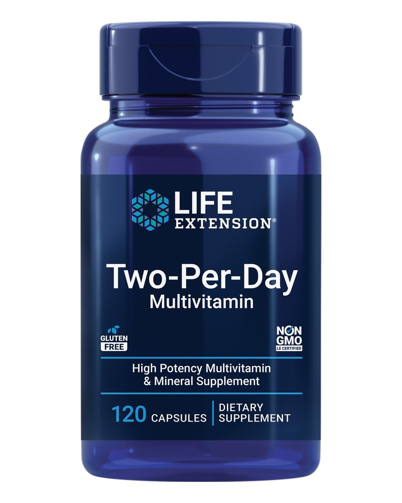 Life Extension Two-Per-Day Multivitamin, Vitamin B, C, D, zink, Packad med över 25 vitaminer, mineraler och extrakt, tvåmånaders leverans, icke-GMO, Gluten-Free, 120 kapslar