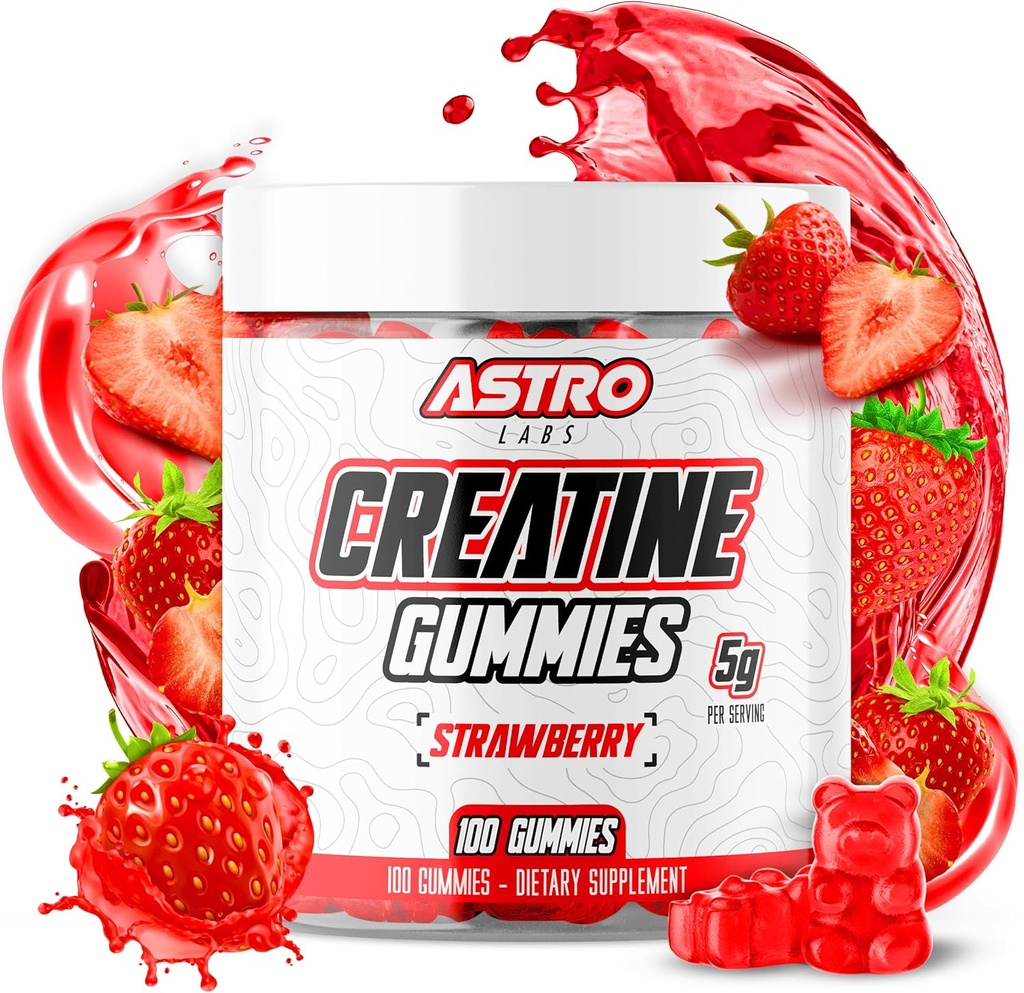 Kreatin Gummies för män och kvinnor - 5g per portion, öka styrka, muskelvinst, återhämtning, uthållighet - Vegan, glutenfri, låg socker kreatinmonohydrat Gummies - jordgubbar (100 greve)