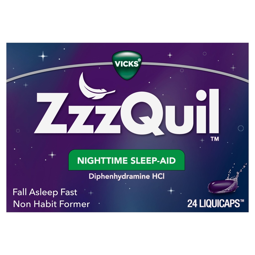 Vicks ZzzQuil, Nighttime Sleep Aid LiquiCaps, 25 mg Difenhydramiini HCl, nro.1 Unilääkemerkki, ei-luontotyyppimuoto, Putoaminen Nuku nopeasti, 24