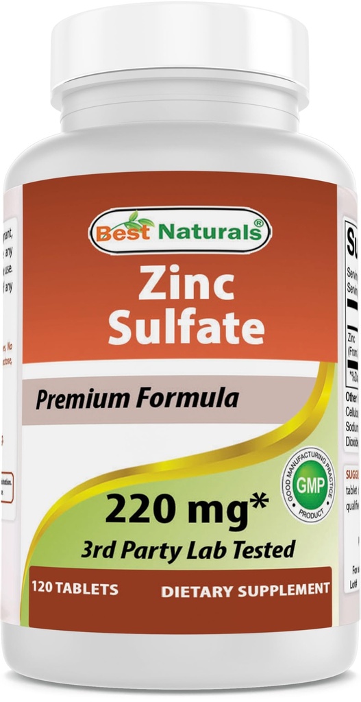 Best Naturals Sinkkisulfaatti 220 mg 120 tablettia - 3rd Party Lab Tested - Made in the USA - Gluten Free & non-GMO