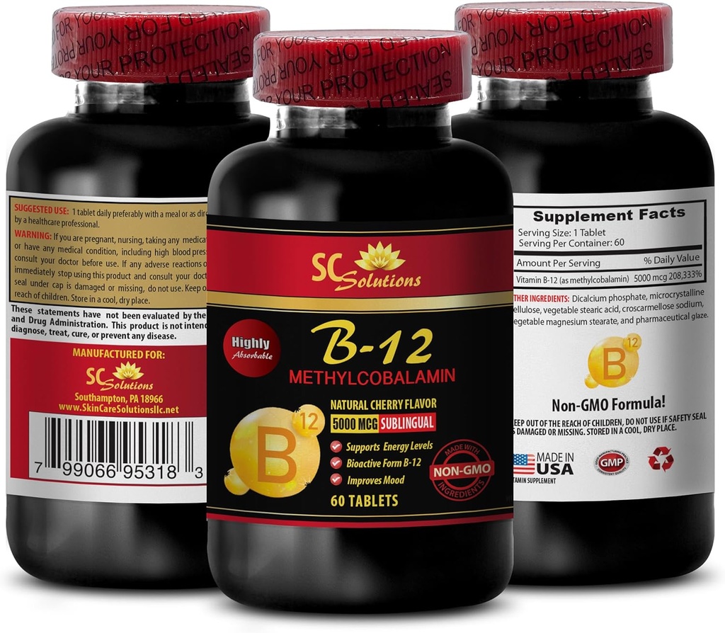 B12-vitamiini- ja magnesiumlisät - METHYLCOBALAMIN B-12 5000 - parhaat vitamiinit yli 50-vuotiaille naisille sekä energia, parhaat vitamiinit yli 40-vuotiaille, energiatehostinkapselit - 1 60 tablettia