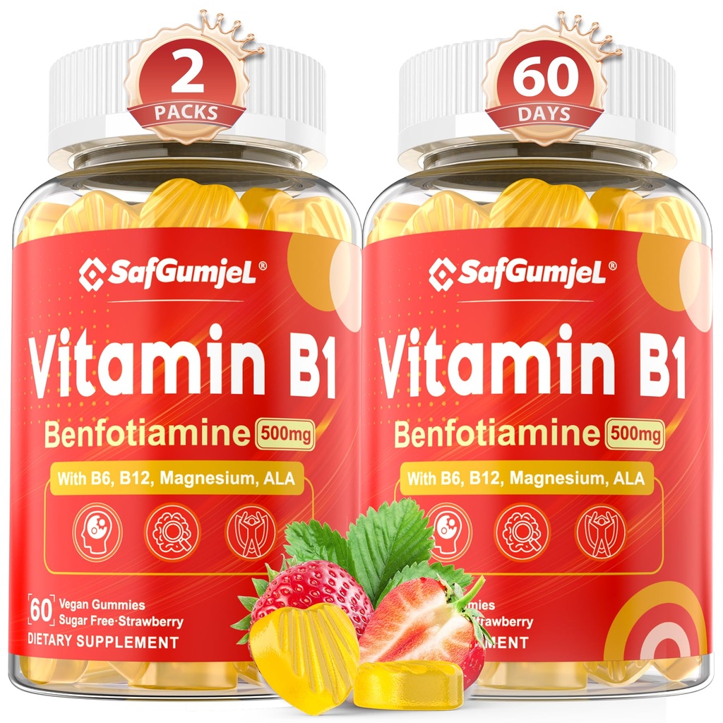 Vitamin B1 Gummies | Benfotiamine 500mg med vitamin B6 B9 B12 & Magnesium för Nerve Health, Energy & Metabolism Support | Sugar Free, Non GMO, Vegan, 120 grejer