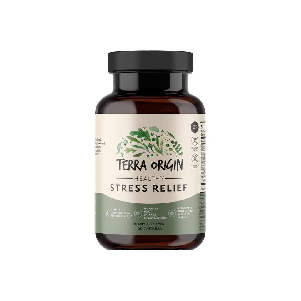 TERRA ALKUPERÄISKAPPALE 60 kapselia KSM-66 Organic Ashwagandha, L-Theanine, Rhodiola Extract, Astragalus juuri ja pyhä basilika