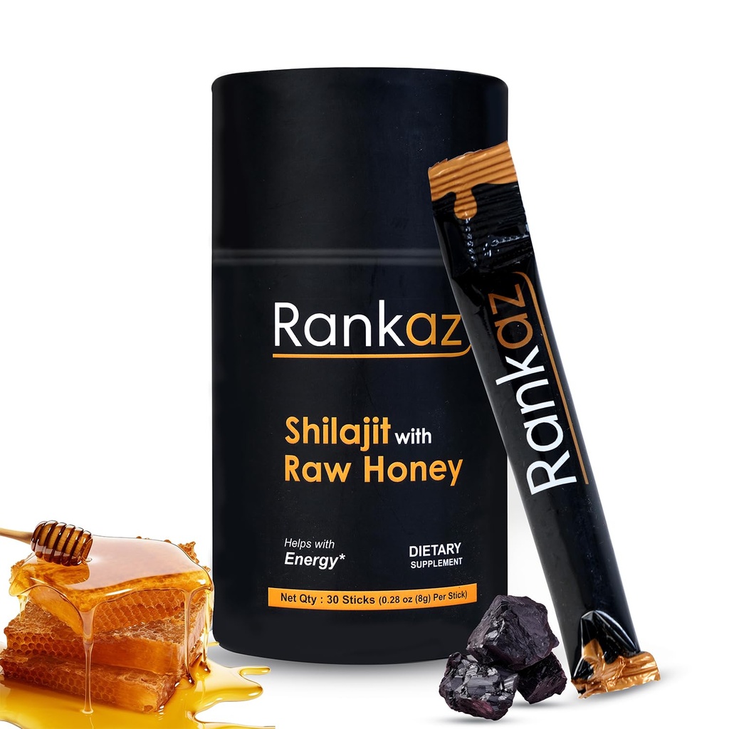 Rankaz Natural Shilajit Honey Sticks Organic - 30 Sticks, Shilajit Honey Fulvic Acid och Trace Minerals