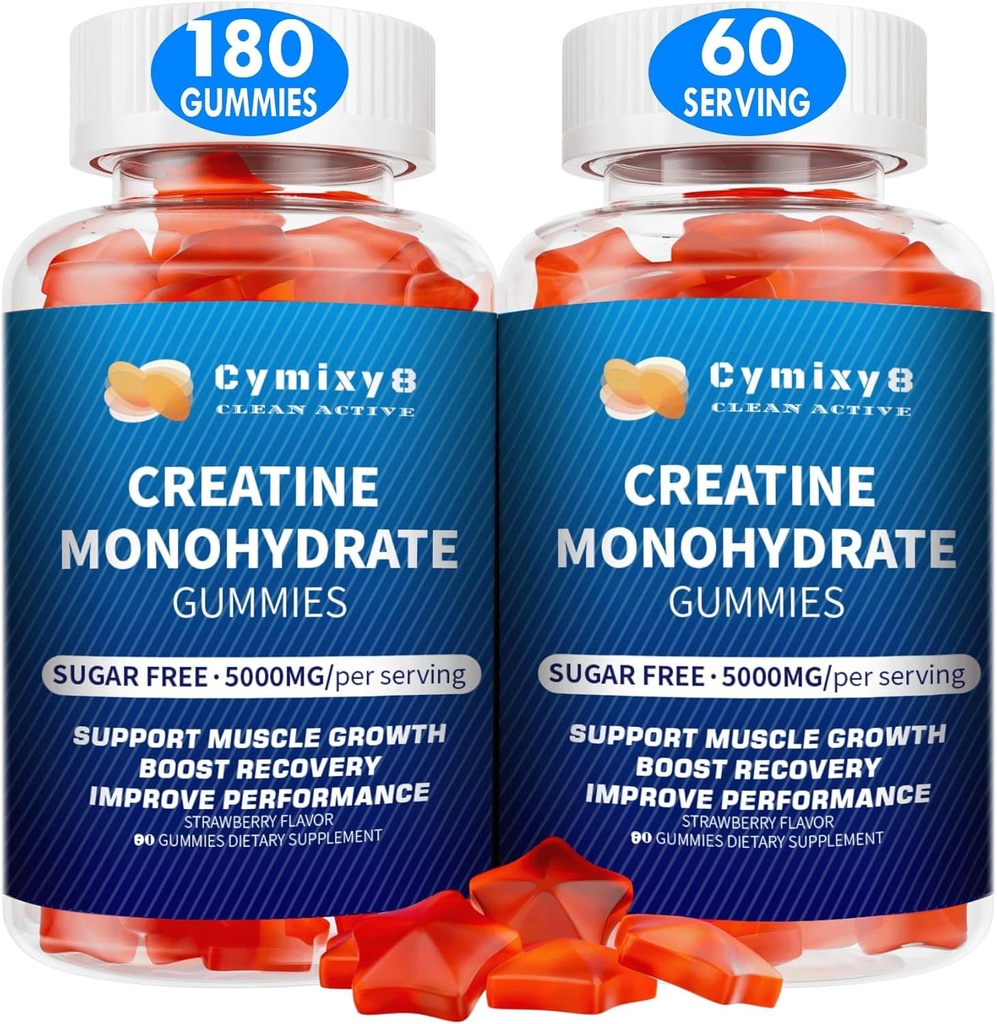 Kreatiini Monohydraatti Gummies 5g miehille ja naisille, 7100 mg Liposomal Tauriini, BCAA, Alpha GPC, B12, Creatiini Monohydraatti Chews lihasten kasvua, mansikka maku, 180 Count