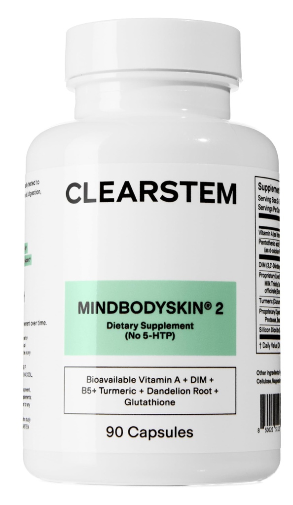 CLEARSTEM - MINDBODYSKIN Hormonaalinen akne täydennysosa (N:o 5-HTP) - Luonnollinen DIM täydentää - ihonhoito vitamiinit - Hormonitasapaino, antioksidantit - Gluteeniton, julma ilmainen - 30 tarjoiluja, 90 kapselia