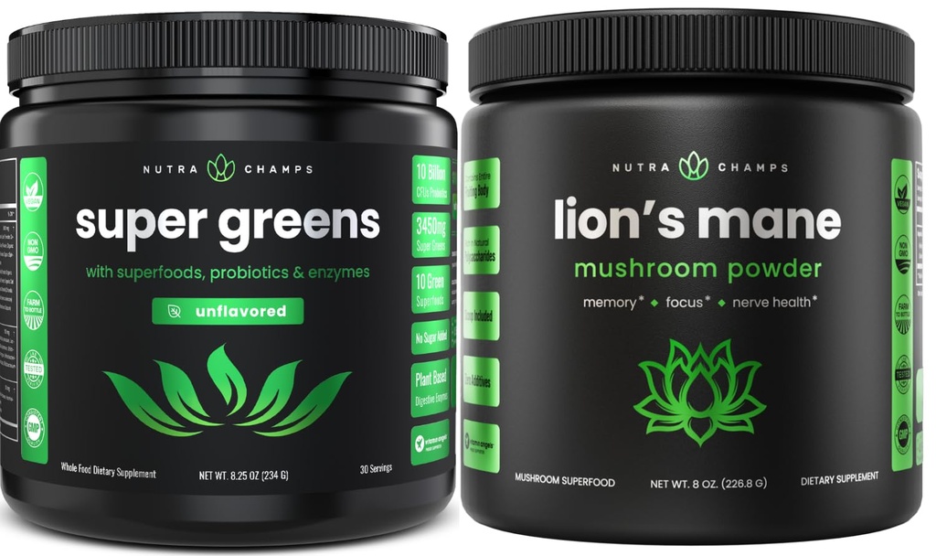 NutraChamps Super Green Mautonta & Leijonan Mane Powder. Greens & Adaptogen Bundle