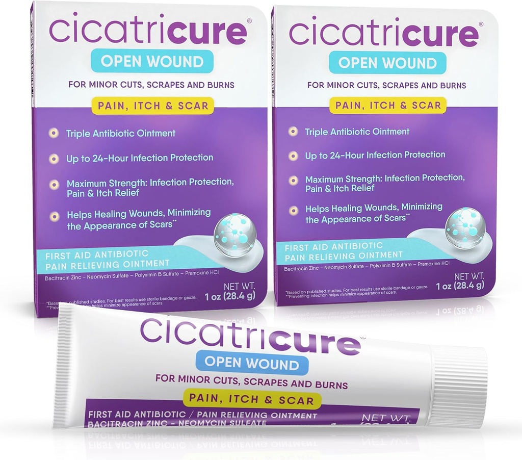 Cicatricure Triple Antibiotic Ointment with Pain Relief, Bacitracin Antibiootti Voide & Cream for Haavojen hoito, Parannusvoide viiltoja, paloja, hyönteisten puremia, ensiapu tarvikkeet Essential, 1 oz
