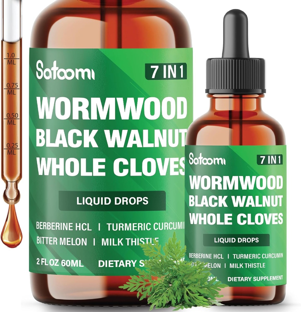 Satomi 7in1 Wormwood Liquid Drops musta pähkinä, koko Mausteneilikka, berberiini, Milk Thistle, Bitter Melon ja Turmeric - 60 ml 60 päivää