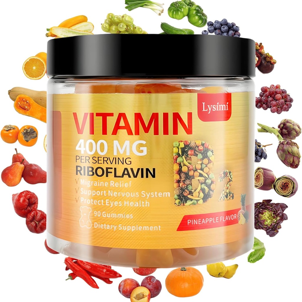 B2-vitamiinit, B2-vitamiini Riboflaviini Gummiet 400 mg, Migreenin lievitys ja päänsärky Relief Riboflaviini B2-vitamiinit, soija ja gluteeniton, 90 lasten ja aikuisten vitamiini Gummit