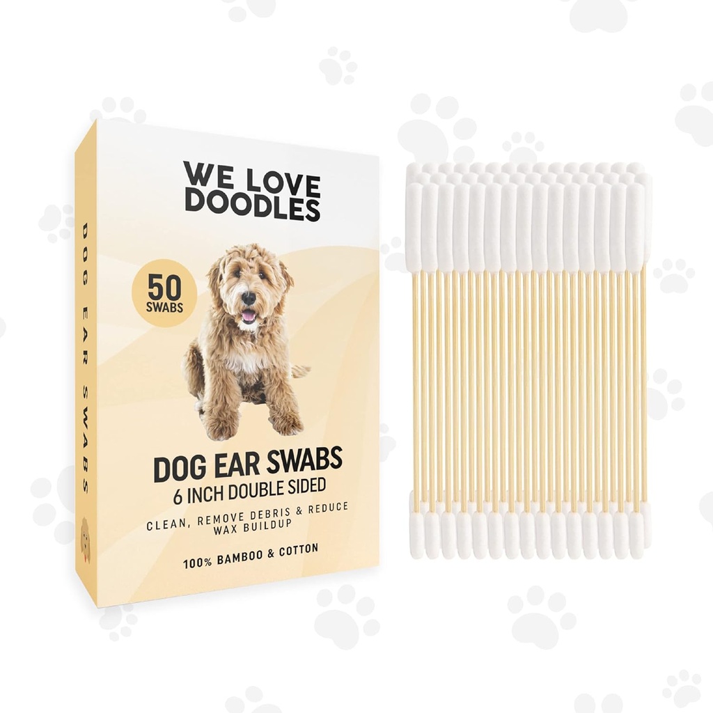 Vi älskar Doodles Long Cotton Dog Ear Swabs | Dubbel Sided Qtips för hundar | Stor trä renare bollar verktyg | Q Tips Swab för att spola valp öron | Ren trä Buds för Pet Ears | Wipes Solution Q-Tips