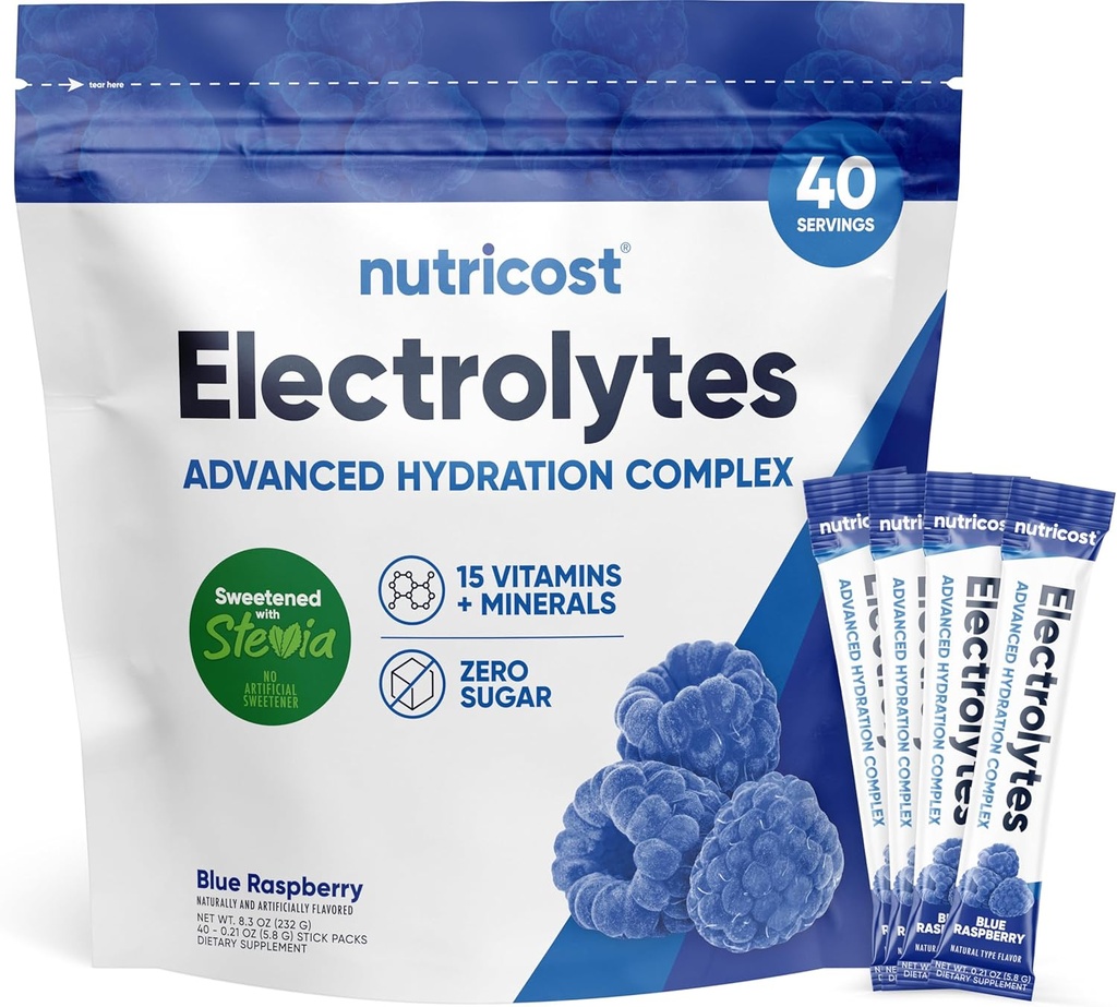 Nutricost Electrolytes Powder Hydration Packetit (sininen vadelma, 40 tarjoilua) Alhainen Calorie Keto Electrolytes Makeutettu Stevia - ei-GMO, Gluteeniton ja sokeriton