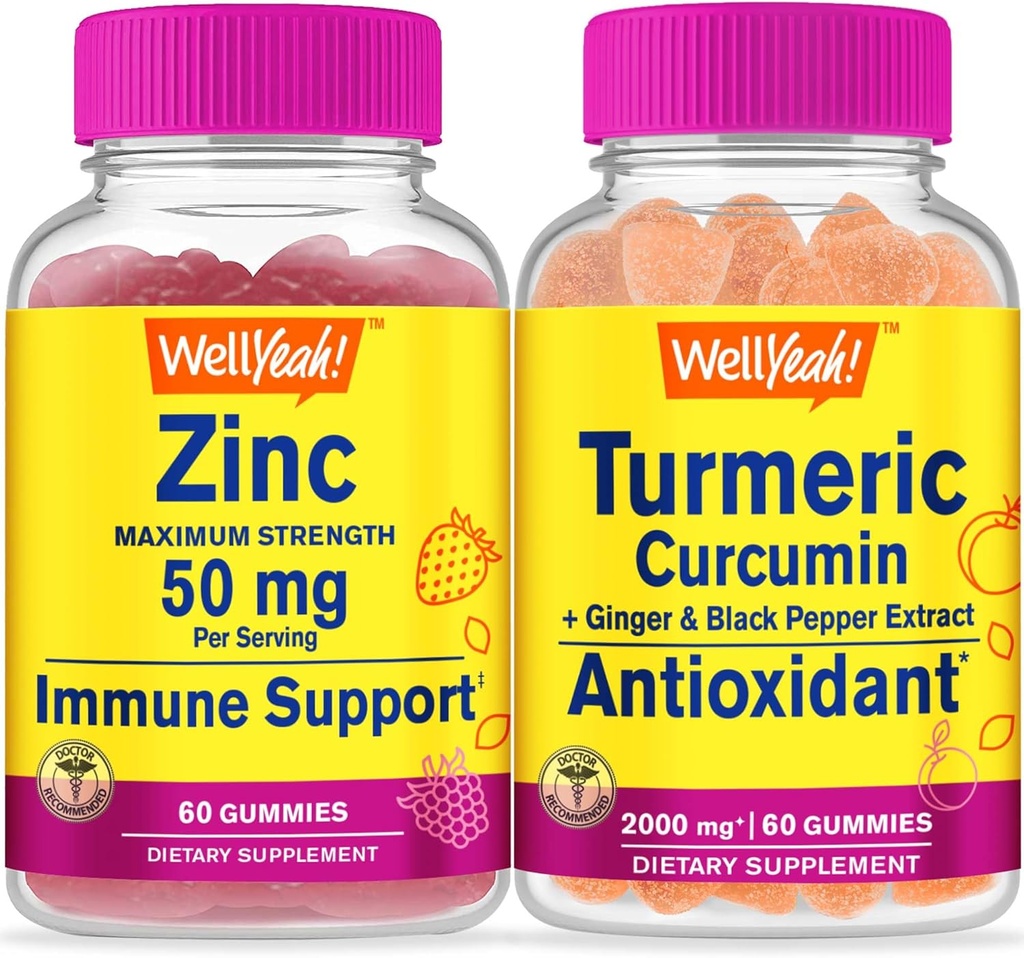 WellYeah Sinkki + Turmeric Curcumin, Gummies Bundle - Suuri Maku, vitamiini täydentää, Gluteeniton, GMO-vapaa, purukumi