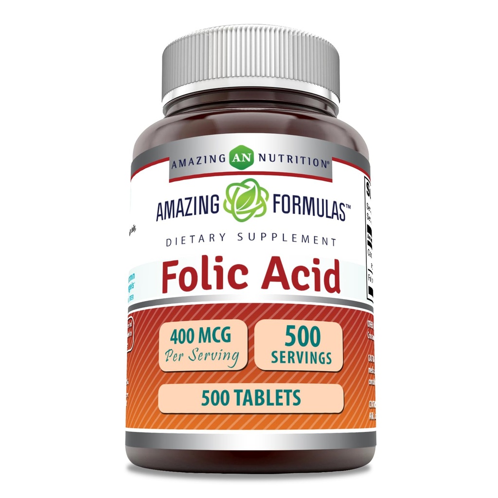 Fantastiska formler Folic Acid (Vitamin B9) 400 mcg | Tabletter Supplement | Icke-GMO | Gluten Free | Made in USA (1 Pack | 500 Count)