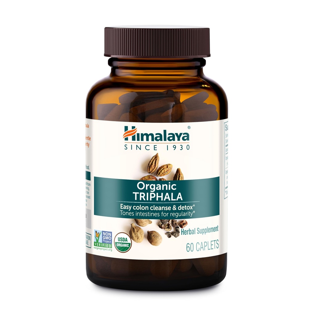 Himalaya Organic Triphala, 2 Month Supply, för Colon Cleanse, Detox & Occasional Constipation, USDA Certified Organic, Non-GMO, Gluten-Free, Extract & Powder Herbal Supplement, 688 mg, 60 Caplets