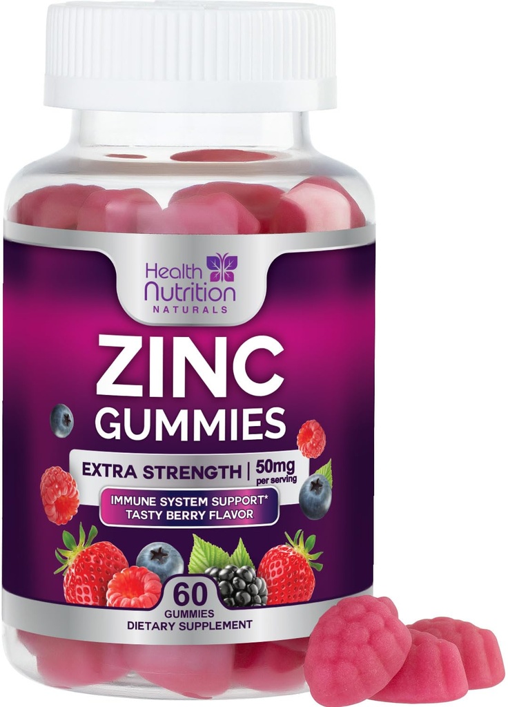 Sinkki täydentää 50mg Gummies - Max Strength ihon terveys ja immuuni tuki Gummy, Vegan, ei-GMO & Gluteenittomia - Paras sinkki täydentää antioksidantti & Bone Health Chewable Tasty Berry Flavor - 60 Gummies