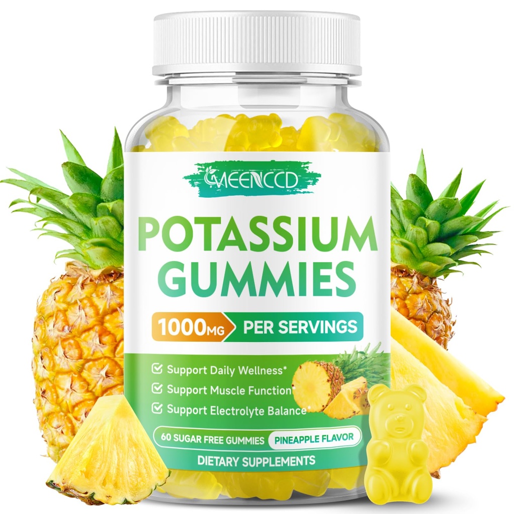 Kalium Citrate Gummies 1000 mg, korkea Potenssi Kalium täydentää Gummies aikuisille Naiset ja miehet, Tuki jalat ja lihasten terveys, sokeriton, ananas maku 60