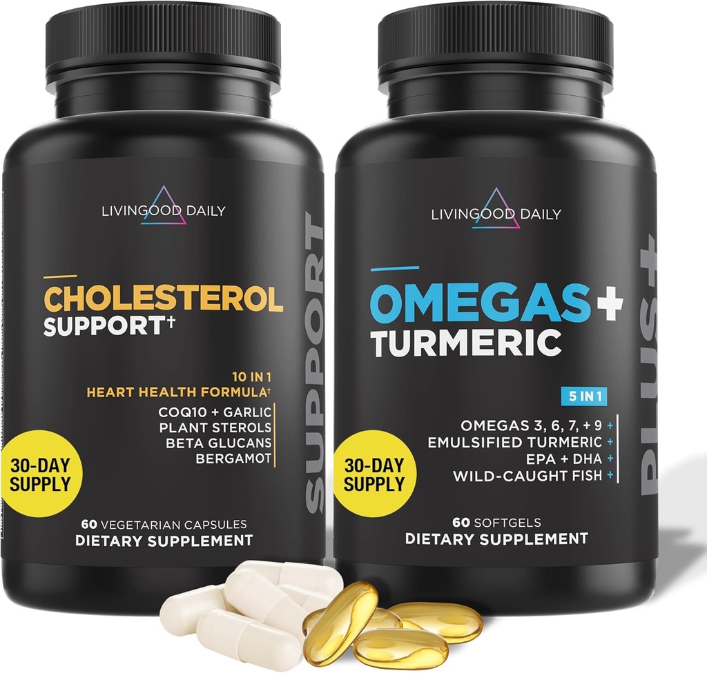 Livingood Daily Cholesterol Support, 60 vegetariska kapslar - CoQ10, Plant Sterols, Plant Sterols, Bergamot, & Garlic Supplements Support Heart Health & Healthy Lipid Production - Non-GMO & Vegan
