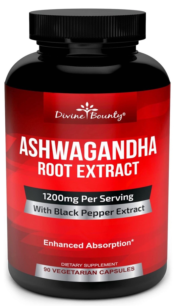 Divine Bounty Organic Ashwagandha kapselit - 1200 mg Ashwagandha Powder with Black Pepper for Enhanced Absorption - Ashwaganda täydentää rauhoittava & mielialan tuki - 90 kasviskapselit