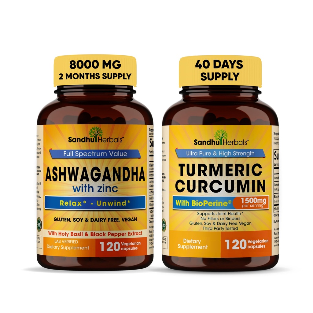 Sandhu Herbals Organic 4in1 Ashwagandha w/Zinc & Organic Turmeric Curcumin w/Bioperine Black Pepper Extract| Stöder Immune System| Non-GMO