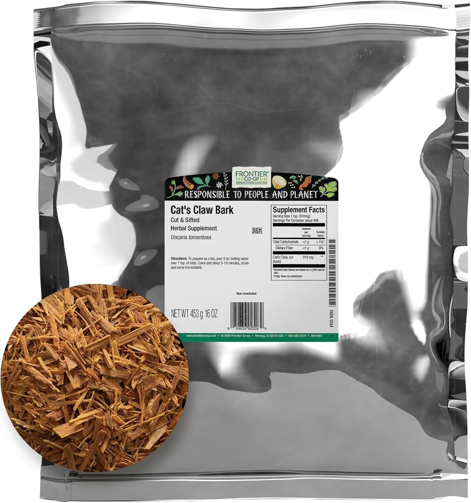 Frontier Co-op Cat's Claw Bark, 1lb Bulk Bag, Leikkaa ja Sifted - 100% Pure & Natural Cat Claw Herb, Ihanteellinen Tee, Tinctures, ja kasviperäisten käyttöjen, Kosher