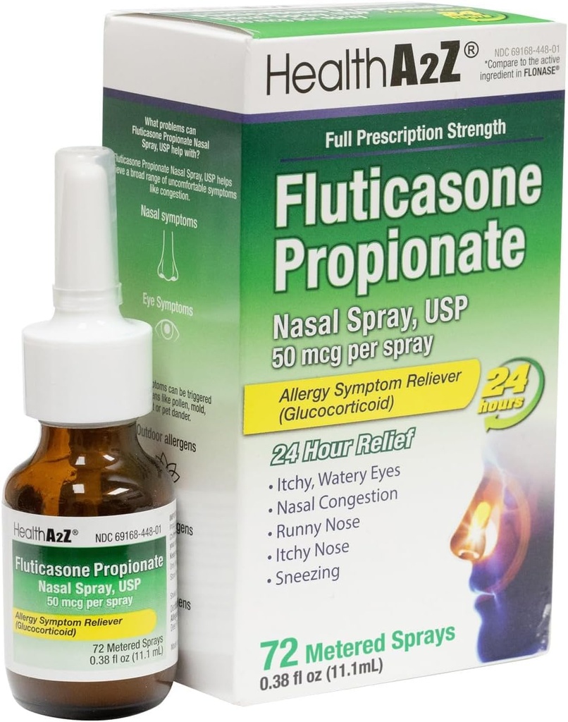 HealthA2Z® Fluticasone Propionate Nenän sumute 50 mikrog/sumute 24 tuntia Allergian lievittäminen 72 sumutus 0,38 fl oz.