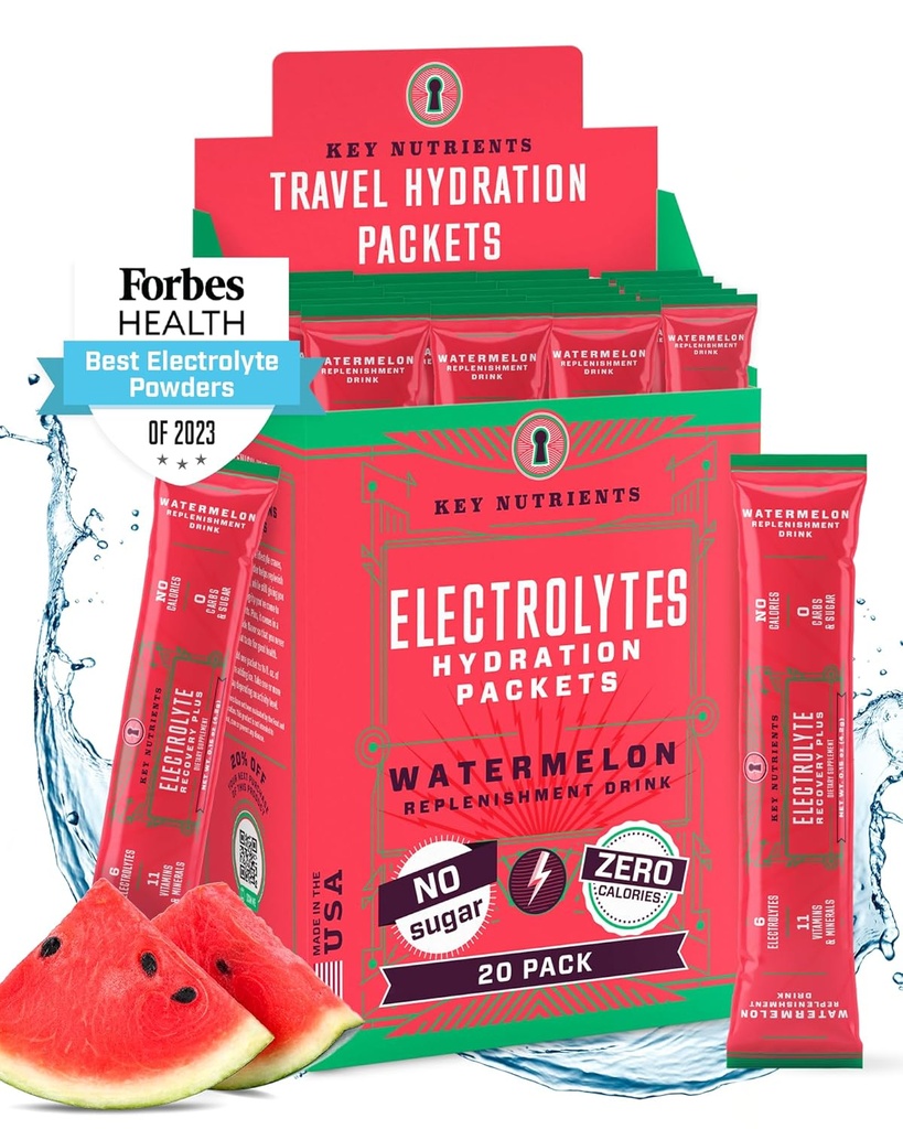 Avainaineet Elektrolyytit Powder Packets - Virkistävä vesimeloni 20 Pack Hydration Packets - Travel Hydration Powder - Ei sokeria, ei kaloreita, Gluteeniton - Made in USA