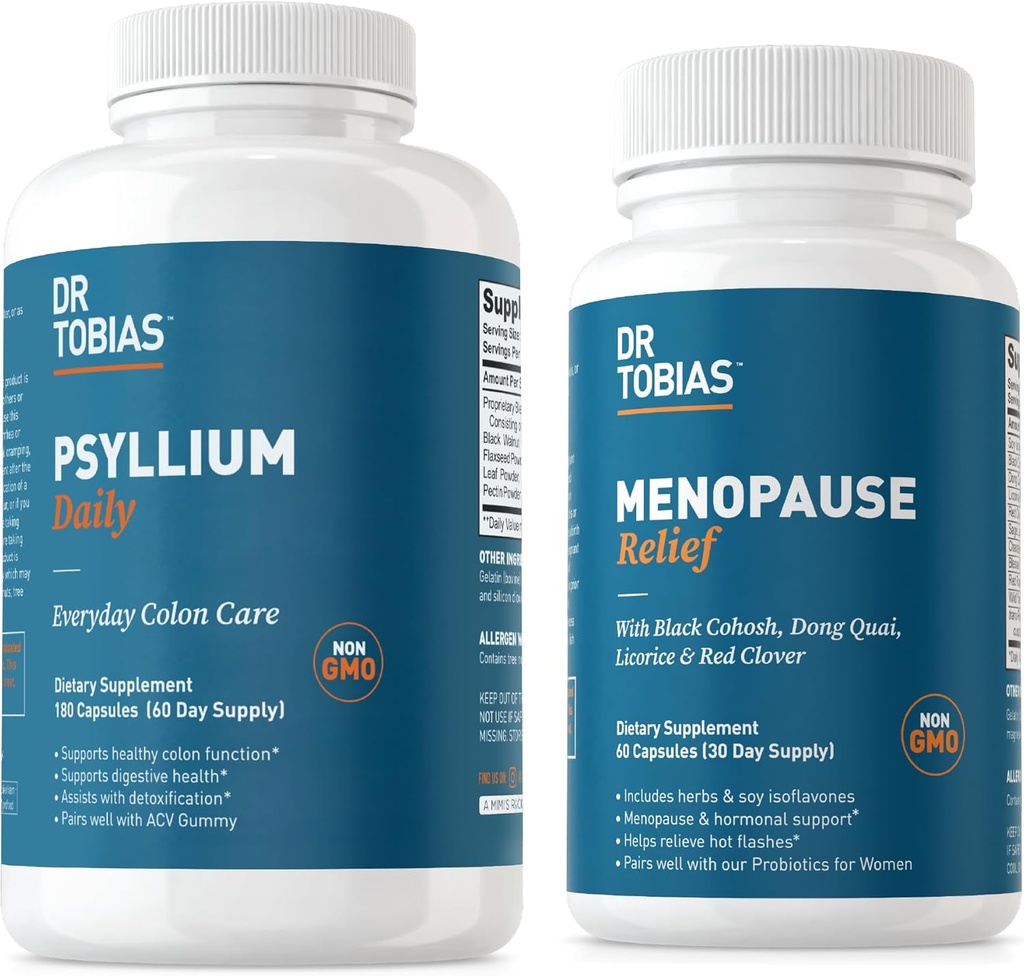 Tobias Menopause Relief ja Psyllium Daily - tukee hormonitasapainoa ja ruoansulatuskanavan terveyttä, ei-GMO