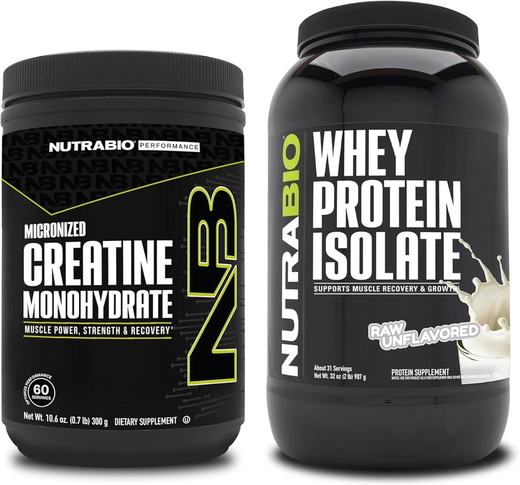 NutraBio Creatine Monohydrat, Unflavored, 300g och Whey Protein Isolate, Unflavored, Supplement Bundle - Muscle Energy, Lean Muscle Growth, Recovery och Strength