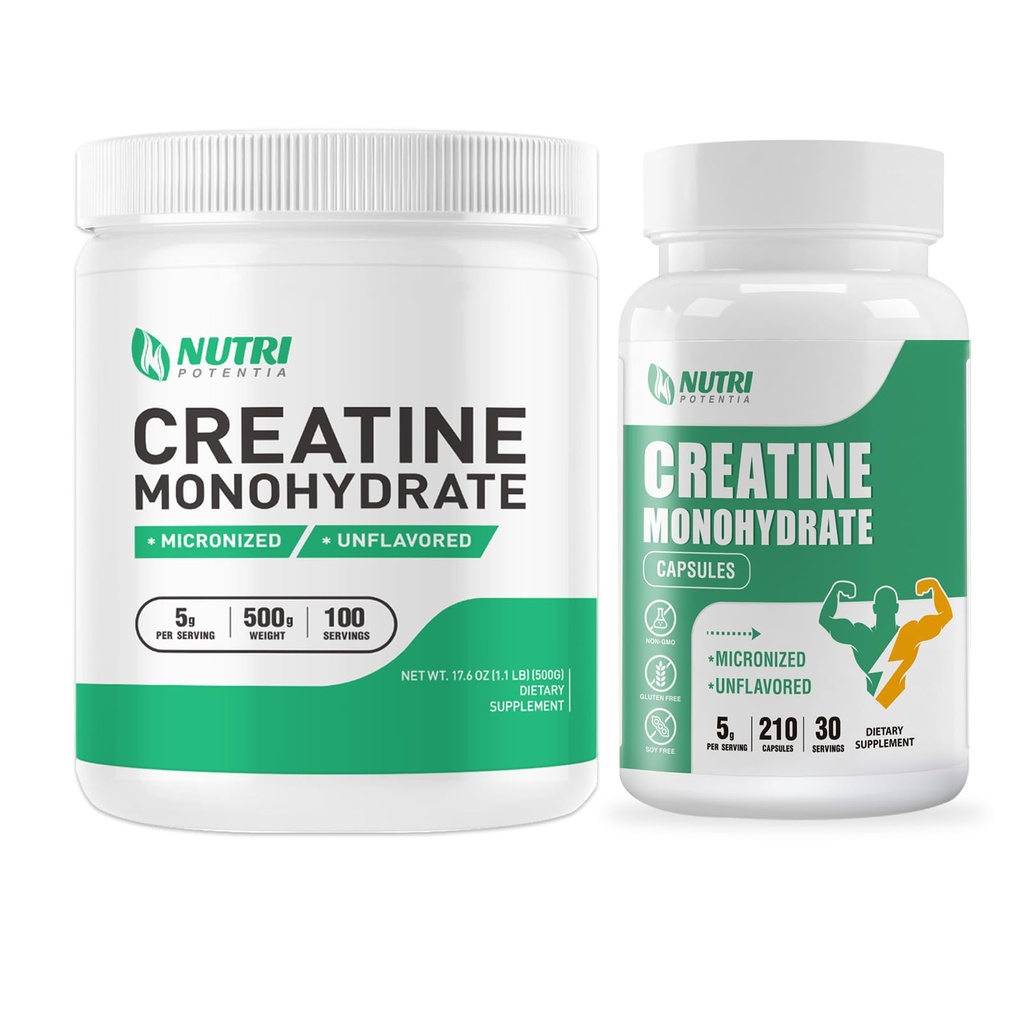 Kreatiini Monohydraatti Powder 500 Grams & Creatiinikapselit, puhdas Micronized Creatiini lisäravinteet Building Muscle, Pre & Post Harjoitus Creatiinijauhe, ei-GMO, makuamaton