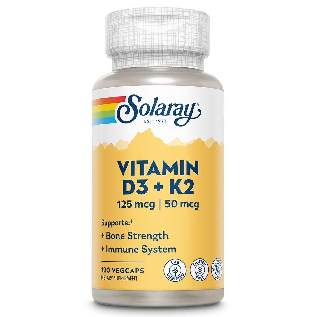 SOLARAY-vitamiini D3 K2 - Luun terveys ja immuuni tuki täydentää - 5000 IU D-vitamiinia Vit D3 ja 50 mcg K2-vitamiinia kuin Menokinoni MK7, Valmistettu ilman soijaa, 60 päivän takuu, 120 Serv, 120 VegCaps