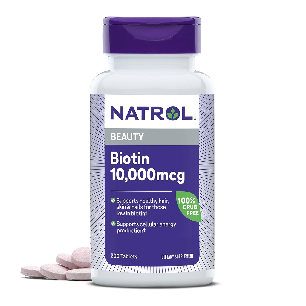 Natrol Biotin 10000mcg, täydentää terveille hiuksille, iholle ja kynnet niille alhainen Biotin, Plus energia aineenvaihdunta tuki, 200 tablettia, jopa 200 päivän tarjonta