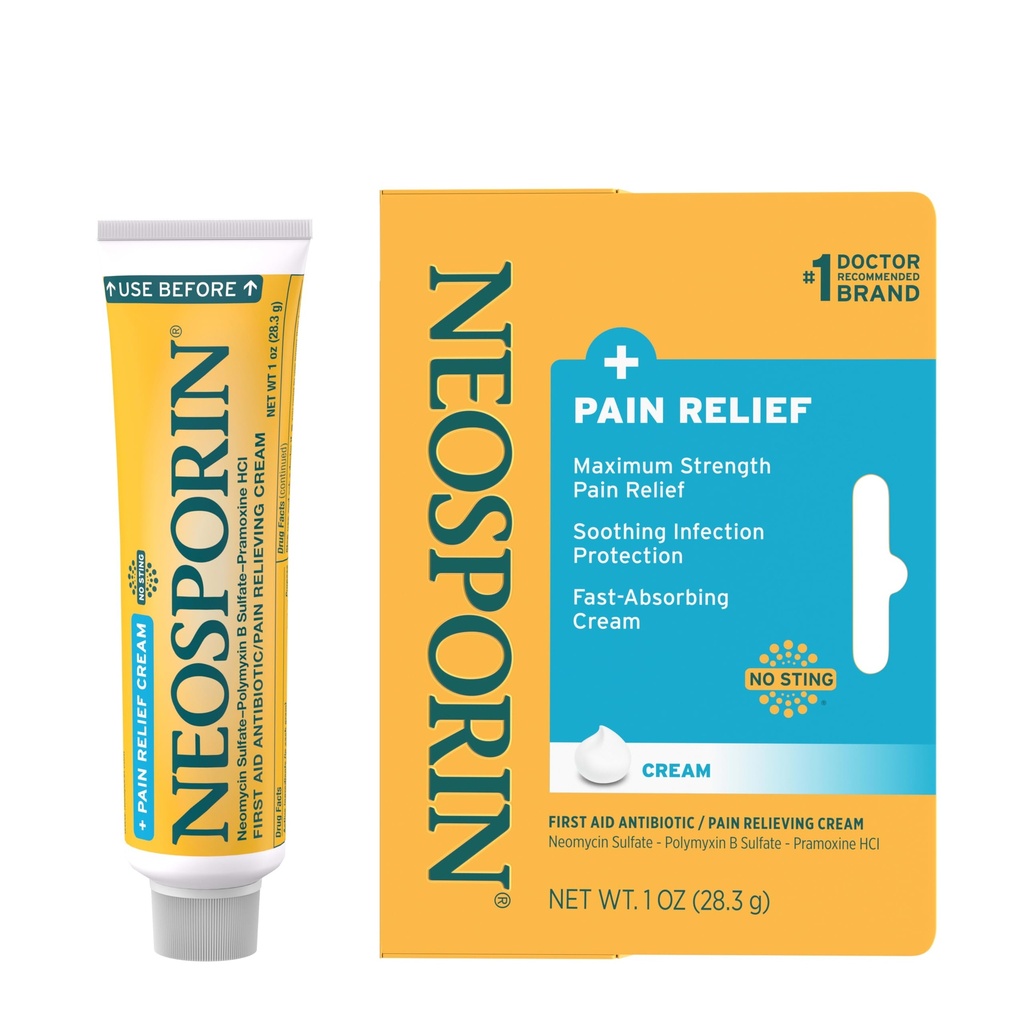 Neosporin + Maximum- Strength Pain Relief Dual Action Cream, Ensiapu Paikalliset Antibiootit ja Analgesic Cream Haavojen hoitoon pieniä haavoja, scrapes ja Burns, Polymyxin B & Pramoxine HCl, 1 oz