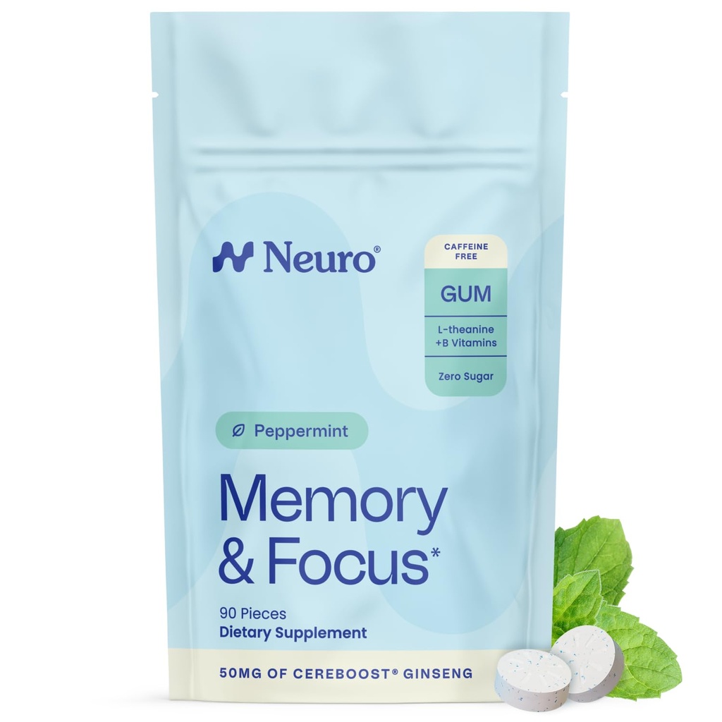 Neuro Memory & Focus Gum - Nootropic Gum med vitamin B12, vitamin B6, L-Theanine & Ginseng Extract - Natural Brain Support Supplement - Vegan, koffein och sockerfri Chews - Peppermint, 90 ct