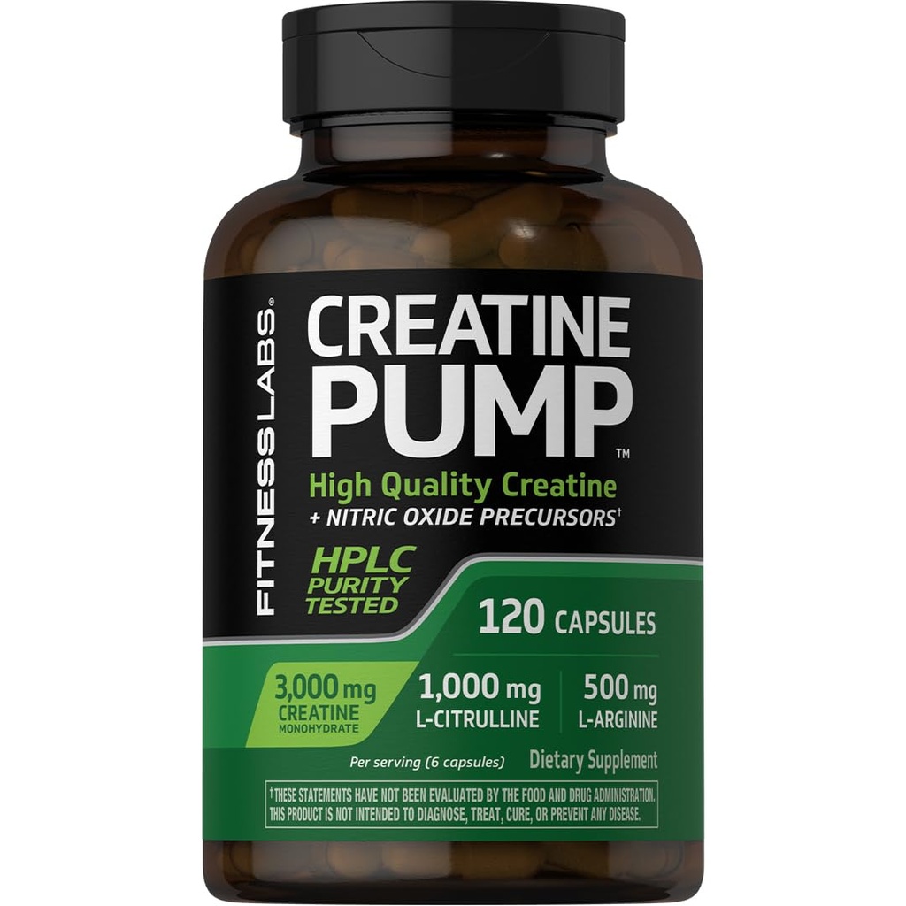 Fitness Labs Creatine Capsules | 120 greve | 3000mg | German Creatine Monohydrate | Creapure | Pump Supplement | Plus Nitric Oxide Precursor | HPLC Tested | Non-GMO