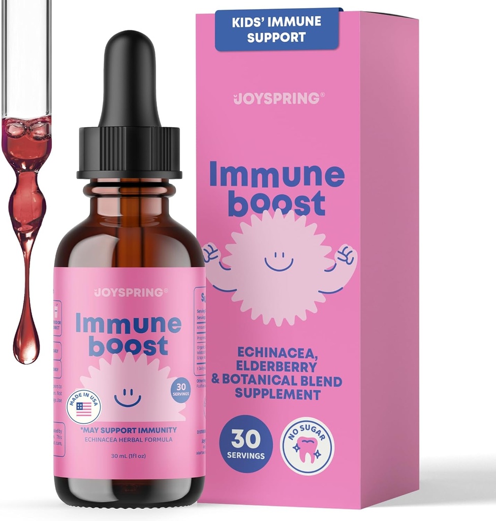 JoySpring Immuuni tihkurat - Lapset. Immuniteettituki täydentää (1 fl oz, 30 Servings) kanssa Organic Elderberry Liquid, Echinacea, Oregon Grape Root & Orange Peel ikäisille 2-16+ Vuodet ja aikuiset