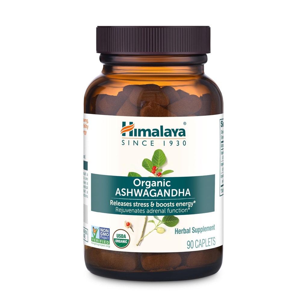 Himalaya Organic Ashwagandha, 90 Day Supply, Herbal Supplement for Stress Relief, Energy Support, Satunnainen Unettomuus, USDA Certified Organic, Ei-GMO, Vegan, Gluteeniton, 670 mg, 90 Caplets