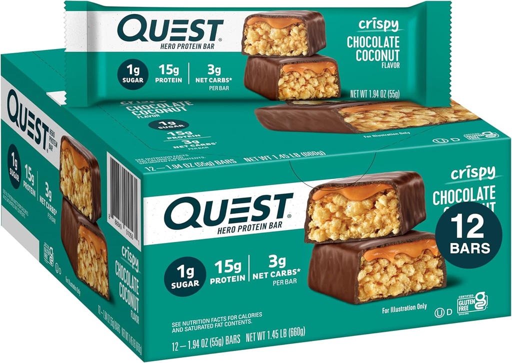 Quest Nutrition Crispy Chocolate Coconut Hero Protein Bar, 15g proteiinia, 1g sokeria, 3g Net Carbs, Gluteenittoman proteiinin välipala, Keto Friendly, 12 kreivi