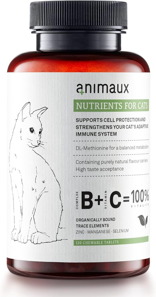 animaux - näringsämnen för katter, naturlig katt vitaminer, katt väsentligheter för att stärka immunsystemet och naturligt cellskydd, hälsosam hud och glänsande kappa, 120 tuggbara tabletter, 120 dagars leverans