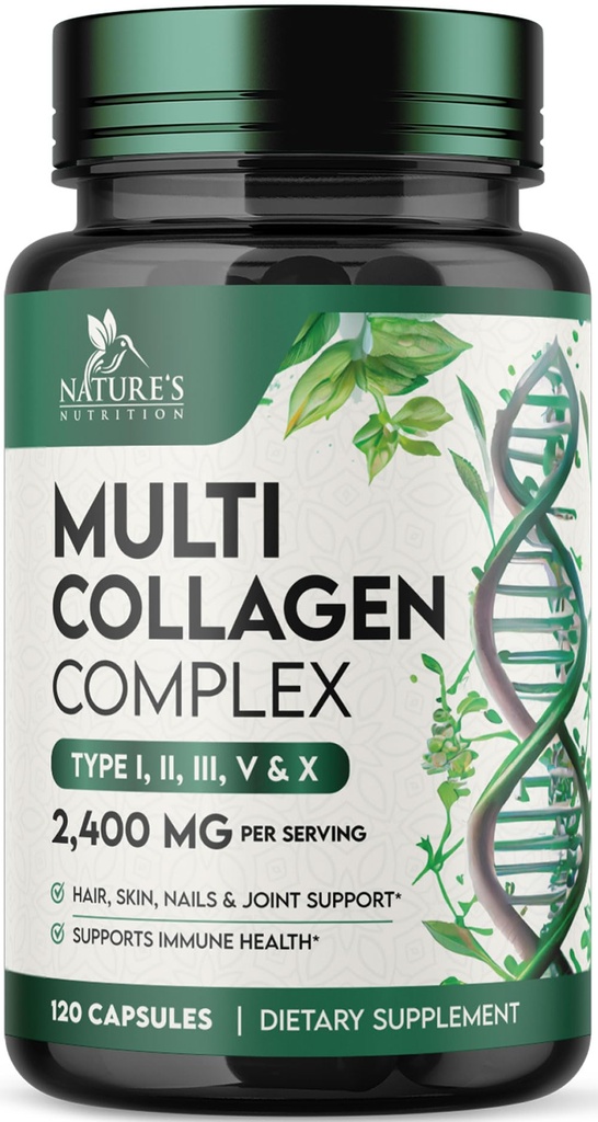 Multi Collagen Supplement 2400 mg - Hydrolysoidut tyypit I, II, III, V & X Multi Collagen Pills Complex, Collagen Peptides lisäravinteet, hiukset, iho, kynsi, & Joint Support Supplement, non-GMO - 120 kapselia