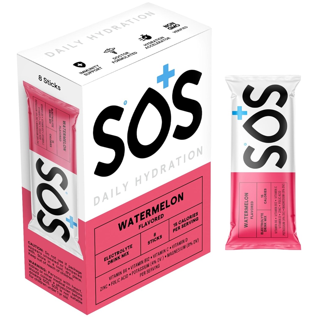 SOS Hydration Electrolyte Powder Packets, Watermelon Flavor, 8 Stick Packs