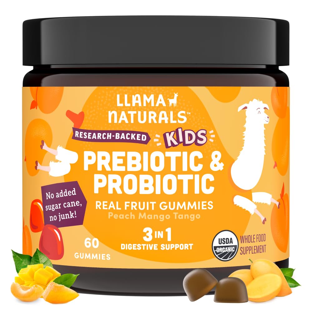 Llama Naturals Kids Probiootti Prebioottikuitu, Vegan, Organic Prebiootit ja Probiootit Gut Health Support, Toddler Real Fruit Gummy Vitamiinit, Ei Lisätty Sokeriruoko, Persikka Mango, 60 Ct
