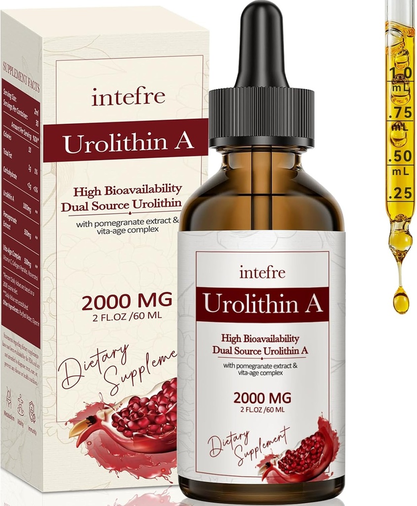 Urolithin En flytande droppar 2000mg, Urolithin Ett tillägg med granatäpple extrakt, Vita-Age Complex, stöder hälsosam åldrande och cellreparation, 60ml