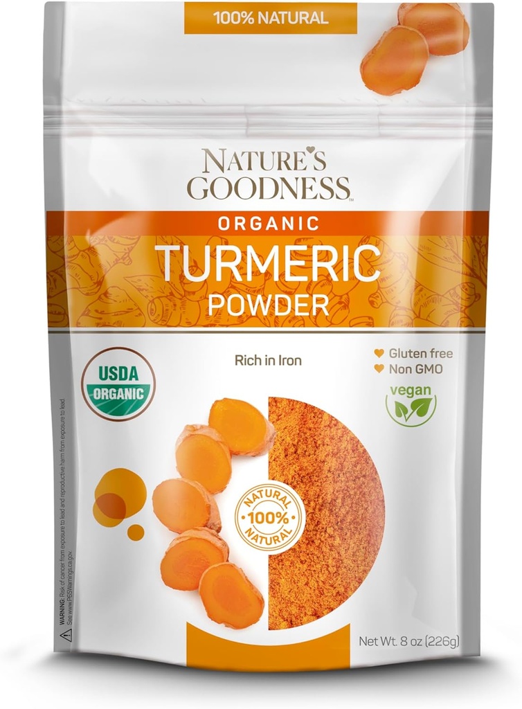Naturens godhet organisk gurkmeja pulver | Pure Ground Curcuma Root Spice | Raw Vegan Turmeric Curcumin Seasoning Rich i vitaminer och naturliga antioxidanter | Non-GMO Gluten-Free 8 oz
