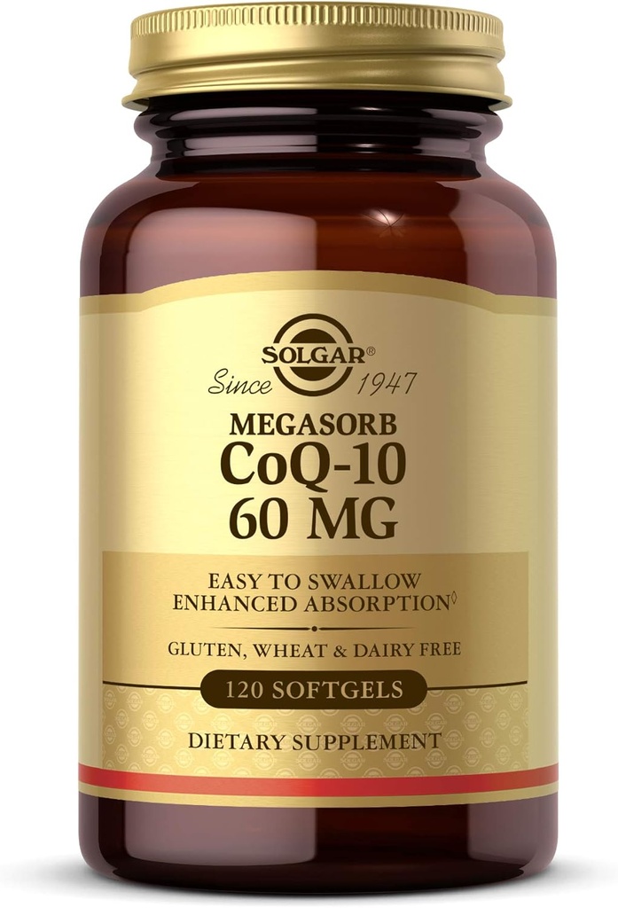 Solgar Megasorb CoQ-10 60 mg, 120 Softgels - tukee sydämen ja aivojen terveyttä - Coenzyme Q10 täydennysosa - Enhanced Imeytyminen, helppo niellä - Gluteeniton, maitotuotteeton - 120 tarjoilua