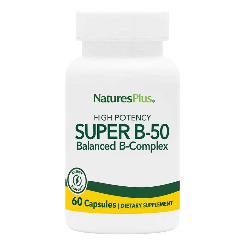 NaturesPlus Super B50-60 Kasvissyöjäkapselit - High Potency B Complex Vitamiini Supplement - Brain & Energy Booster - Gluteeniton - 60 tarjoilua