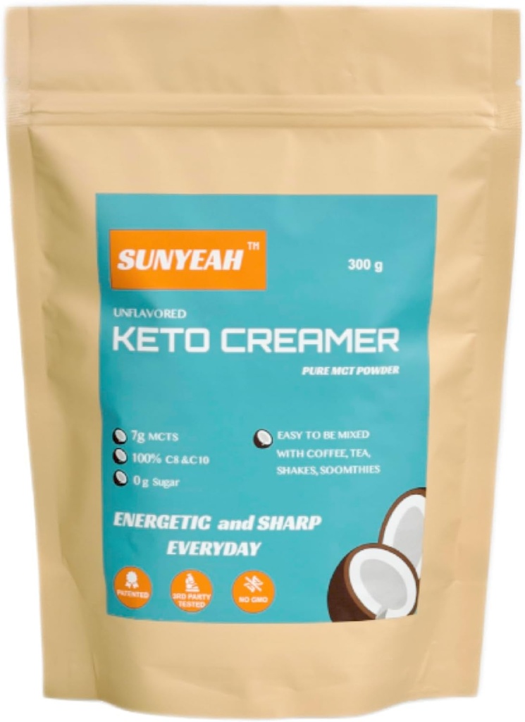 SUNYEAH MCT Powder- MCT Oil Powder, KETO Coffee Creamer, Pure C8 C10, Ei-sokeri, kookos, 300 g, Erinomainen kahvi, tee, vesi, Shakes, Smoothies, makuamaton, ei-muuntogeenisiä