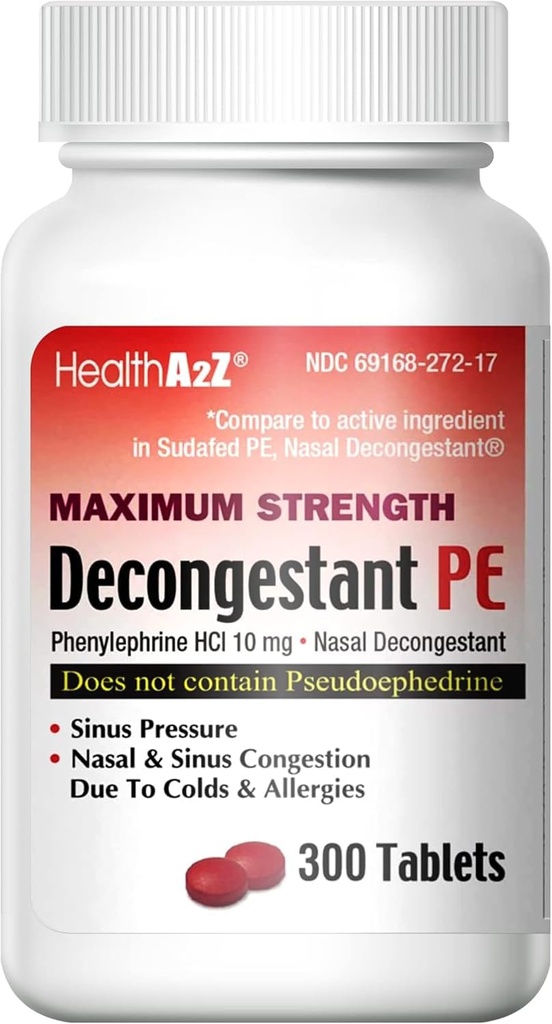HealthA2Z® Decongestant PE | Phenylephrine HCl 10 mg | Maximal styrka | Nasal & Sinus Congestion Relief på grund av Cold & Allergier (300 greve av 1)