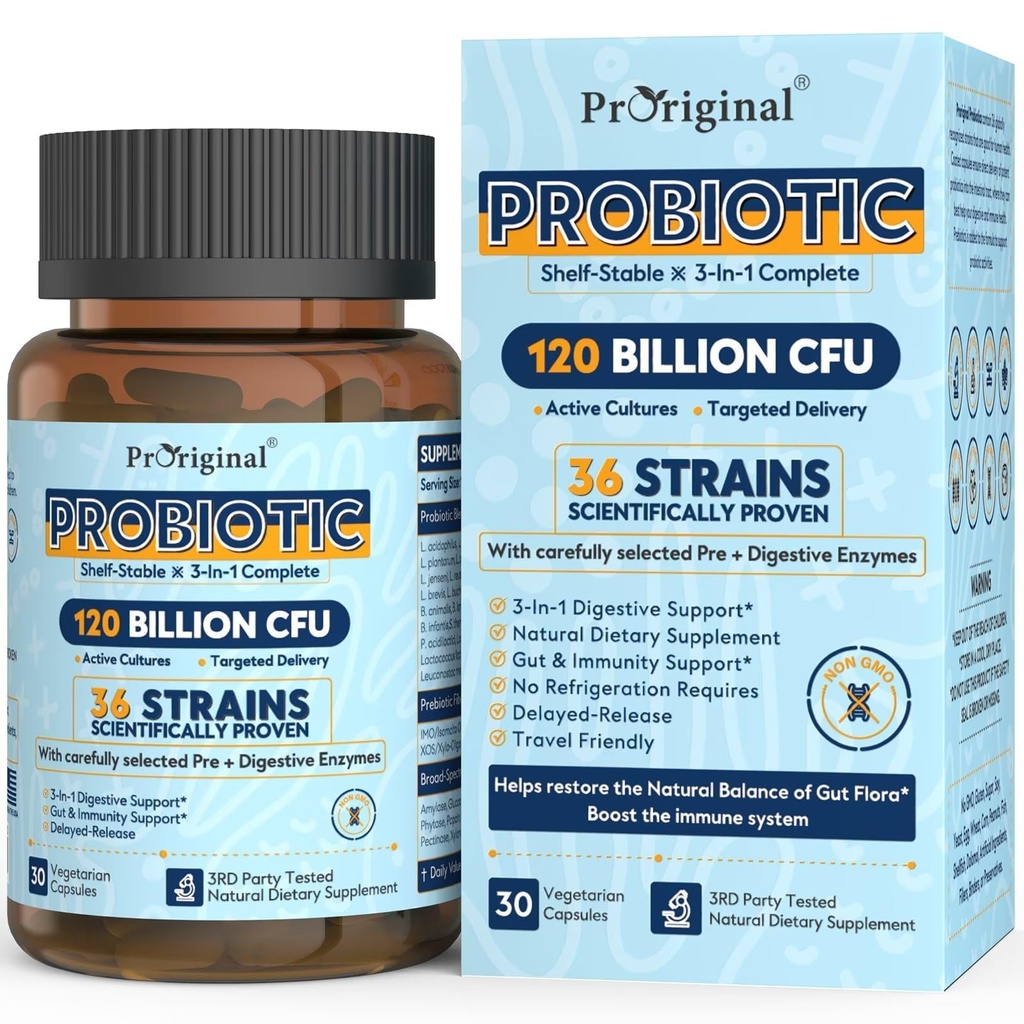 Probiotika för kvinnor och män 120 miljarder CFU med 36 probiotiska stammar för matsmältningshälsa och tarmhälsa, fördröjd frisättning kapslar, magsyraresistent, inget behov av kylning 30 kapslar