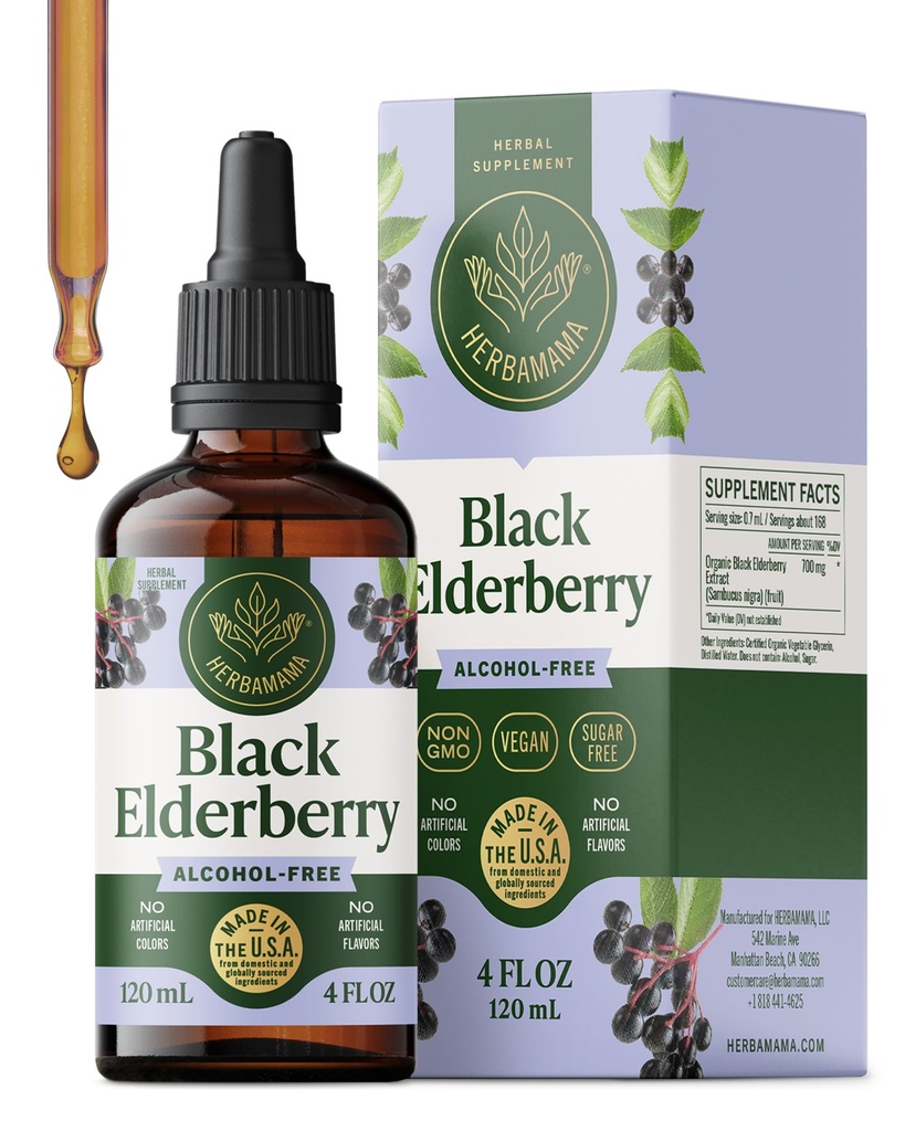 HERBAMAMA Black Elderberry Drops - Vegaani Elderberry Liquid Extract Immunosupport - ei-GMO-, alkoholi- ja sokeriton immuniteetti täydentää, 42 päivän toimitus